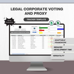 May include: A computer monitor displays a "Legal Corporate Voting and Proxy Tracker Template." The screen shows data tables, charts, and text, including "Boost Productivity," "Adaptable Framework," and "Reduced Development Time."