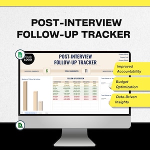 Può includere: Un monitor di computer che mostra un foglio di calcolo "Post-Interview Follow-Up Tracker". Lo schermo mostra le informazioni sui candidati, le azioni di follow-up e le metriche chiave. L'immagine evidenzia anche "Responsabilità migliorata", "Ottimizzazione del budget" e "Approfondimenti basati sui dati".