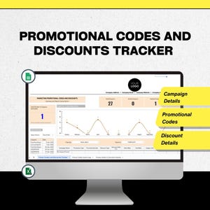 May include: A computer monitor displays a spreadsheet titled "Promotional Codes and Discounts Tracker." The screen shows data visualizations, including a line graph and numerical data. The text "YOUR LOGO" is visible. The image also includes the text "Campaign Details," "Promotional Codes," and "Discount Details."