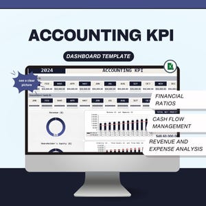 May include: A computer monitor displays an accounting KPI dashboard template for 2024. The screen shows financial ratios, cash flow management, and revenue and expense analysis. The text "ACCOUNTING KPI" is at the top.