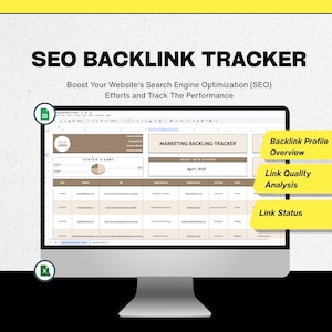 May include: A computer monitor shows a spreadsheet labelled "SEO BACKLINK TRACKER." The screen displays data analysis with sections for "Backlink Profile Overview," "Link Quality Analysis," and "Link Status." The text "Boost Your Website's Search Engine Optimization (SEO) Efforts and Track The Performance" is also visible.