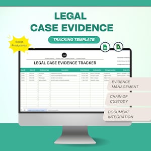 Può includere: Un monitor di computer mostra un modello di "Legal Case Evidence Tracker". Lo schermo mostra un foglio di calcolo con colonne per ID caso, ID cliente, tipo di prova, descrizione e altro. Il testo sullo schermo include "Evidence Management" e "Document Integration".