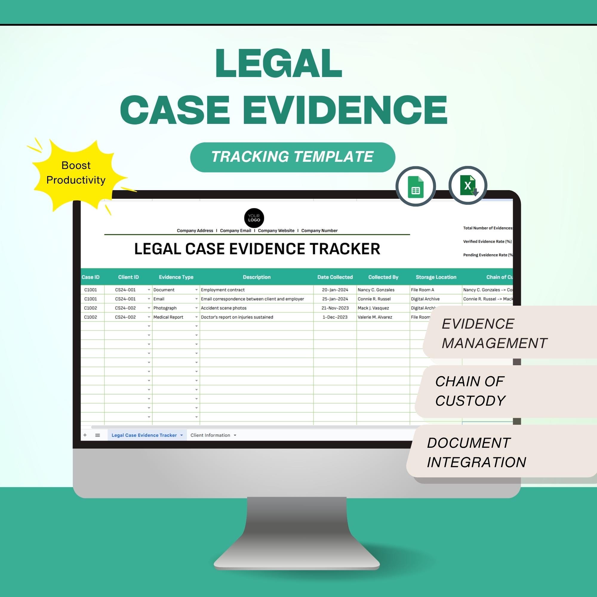 Legal Case Evidence Tracker: Excel & Google Sheets Template (Digital Download