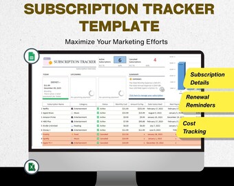 May include: A computer monitor showing a subscription tracker template. The screen displays a spreadsheet with subscription details, renewal reminders, and cost tracking. The text at the top reads "SUBSCRIPTION TRACKER TEMPLATE."