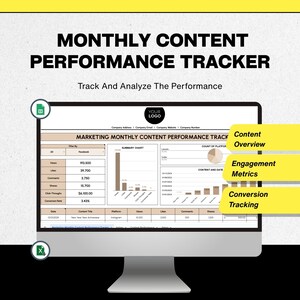 Könnte beinhalten: Ein Computermonitor zeigt einen "MONTHLY CONTENT PERFORMANCE TRACKER". Der Bildschirm zeigt ein Marketing-Performance-Dashboard mit Diagrammen und Daten, einschließlich Aufrufen, Likes und Shares. Der Text "Track And Analyze The Performance" ist ebenfalls sichtbar.