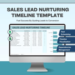 May include: A computer monitor shows a "SALES LEAD NURTURING TIMELINE TEMPLATE." The screen displays a spreadsheet with data, including dates and names. The text "Fuel Success By Guiding Leads to Conversion" is above the screen. The monitor is on a white desk.