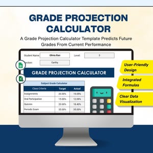 May include: A computer monitor displays a grade projection calculator template. The screen shows a table with class criteria, target grades, and actual grades. Text on the screen includes "User-Friendly Design," "Integrated Formulas," and "Clear Data Visualization."