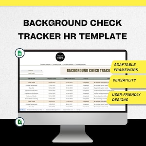 May include: A computer monitor displays a "BACKGROUND CHECK TRACKER HR TEMPLATE." The screen shows a table with check types, request dates, completion dates, and statuses. The design includes the words "ADAPTABLE FRAMEWORK," "VERSATILITY," and "USER-FRIENDLY DESIGNS."