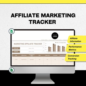 May include: A computer monitor displays an affiliate marketing tracker. The screen shows a spreadsheet with data, charts, and the text "Affiliate Marketing Tracker." The monitor has a black frame and a silver base. Yellow callouts highlight "Affiliate Information," "Performance Metrics," and "Conversion Tracking."