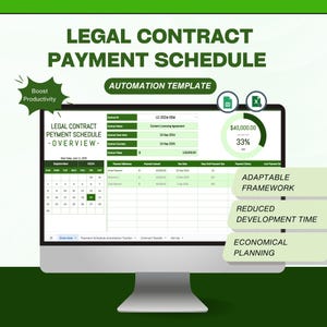 May include: A computer monitor displays a legal contract payment schedule template. The screen shows a spreadsheet with financial data, a calendar, and the text "Legal Contract Payment Schedule." The image also includes the text "Automation Template."