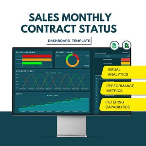 May include: A computer screen displaying a sales dashboard template with the title "Sales Monthly Contract Status". The dashboard includes charts and graphs showing status overview, priority count, assigned tasks, and revenue. The dashboard is divided into sections labeled "Visual Analytics", "Performance Metrics", and "Filtering Capabilities".
