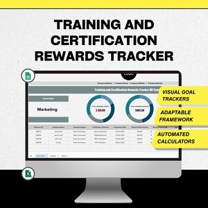 May include: A computer monitor displays a "Training and Certification Rewards Tracker." The screen shows a spreadsheet with data, including "Marketing" as a department, and features like "Visual Goal Trackers" and "Automated Calculators."