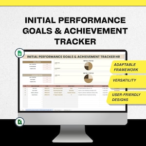 Könnte beinhalten: Ein Computerbildschirm zeigt eine Tabelle mit dem Titel "INITIAL PERFORMANCE GOALS & ACHIEVEMENT TRACKER". Der Text hebt "ADAPTABLE FRAMEWORK", "VERSATILITY" und "USER-FRIENDLY DESIGNS" hervor. Der Bildschirm hat einen hellgrünen und schwarzen Hintergrund.