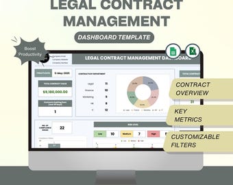 Legal Contract Management Dashboard Template: Excel & Google Sheets (Digital Download)