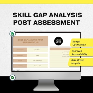 May include: A computer monitor displays a "Skill Gap Analysis Post Assessment" form. The form includes fields for employee name, department, and position. Highlighted sections include "Budget Optimization," "Improved Accountability," and "Data-Driven Insights."