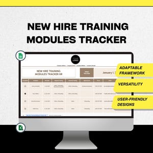 Op de afbeelding: Een computermonitor toont een "New Hire Training Modules Tracker" met een bedrijfslogo. Het scherm toont een tabel met werknemersinformatie, aanwervingsdata en trainingsdetails. Tekst op het scherm omvat "Adaptable Framework", "Versatility" en "User-Friendly Designs."