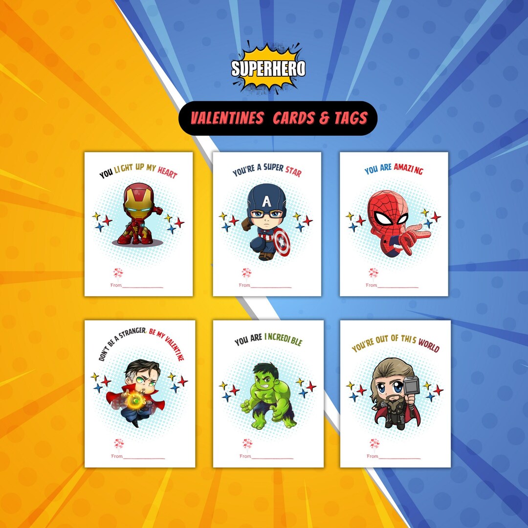 Printable Superhero Valentines Cards and Tags, Superhero Tag, Classroom ...