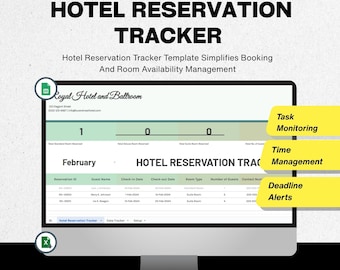 Planilha de controle de reservas de hotel em Excel, modelo de comprovante de hóspede, gestão de aluguéis de curta duração, planilha de sinalização de check-in e check-out.