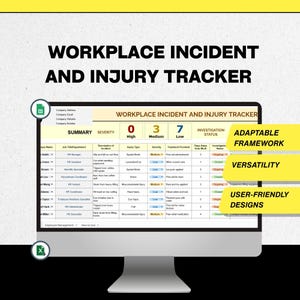 May include: A computer monitor displays a spreadsheet titled "WORKPLACE INCIDENT AND INJURY TRACKER." The spreadsheet shows data with columns for severity, injury type, and investigation status. The screen also highlights "ADAPTABLE FRAMEWORK," "VERSATILITY," and "USER-FRIENDLY DESIGNS."
