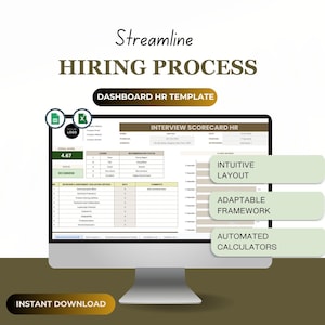 May include: A computer screen displaying a hiring process dashboard template with the title "Interview Scorecard HR". The template includes a scorecard with a rating of 4.67, a recommendation status, and a list of interview and assessment evaluation criteria. The template also includes a section for comments and a section for intuitive layout, adaptable framework, and automated calculators.