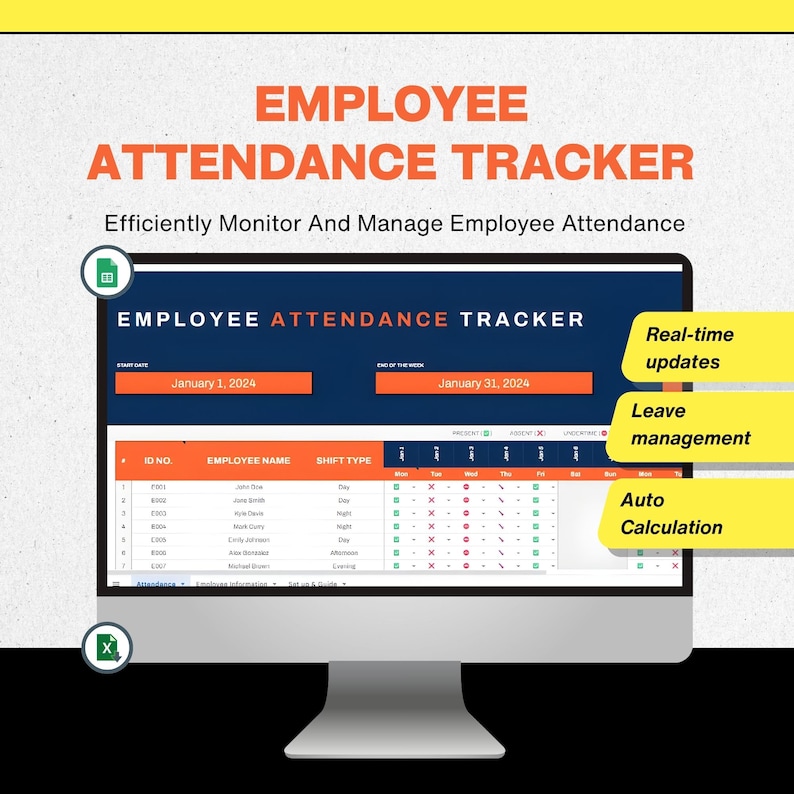 Employee Attendance Sheet Template | Staff Time Log Tracker | HR ...