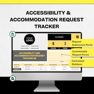 Puede incluir: Un monitor de computadora muestra una interfaz de "Seguimiento de solicitudes de accesibilidad y alojamiento". La pantalla muestra números de solicitud, portales de envío y formularios de solicitud personalizables. La interfaz incluye un marcador de posición del logotipo.