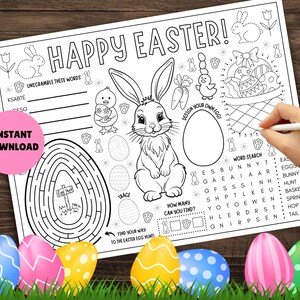 May include: Black and white printable Easter activity sheet featuring a bunny rabbit, chick, eggs, and a maze. The sheet includes the words "Happy Easter!" and "Instant Download".