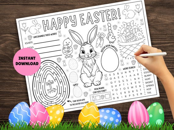 Kids Easter Activity Placemat! PRINTABLE Kids Easter Activity Page, Easter Placemat, Easter Worksheet, Easter Activities for Kids