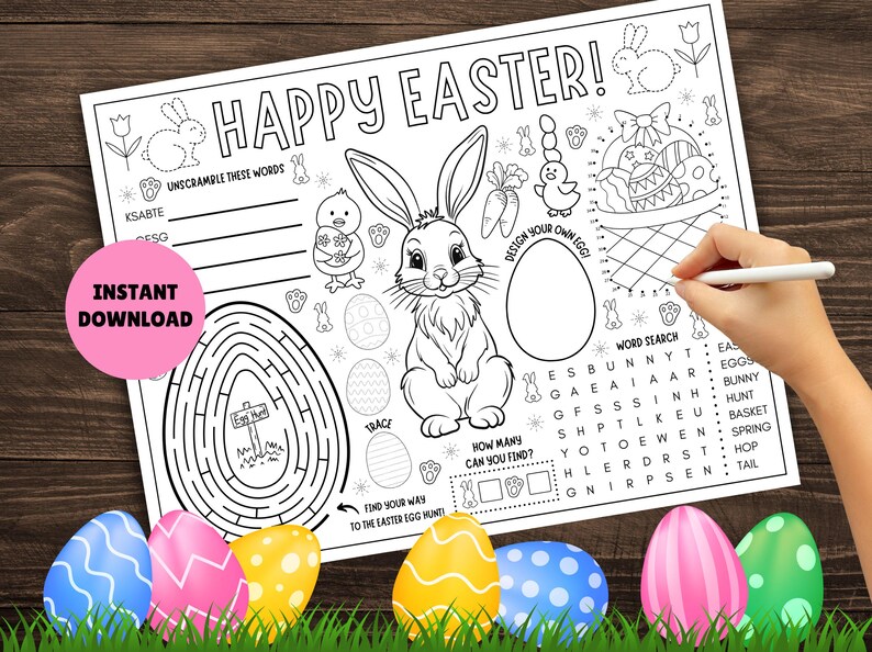 May include: Black and white printable Easter activity sheet featuring a bunny rabbit, chick, eggs, and a maze. The sheet includes the words "Happy Easter!" and "Instant Download".