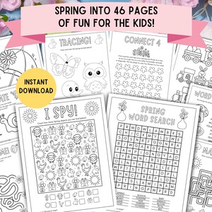 May include: A set of 46 printable black and white spring-themed activity pages for kids. The pages include activities such as tracing, connect 4, decorate, I spy, word search, word scramble, and mazes. The pages are designed to be fun and educational for children.