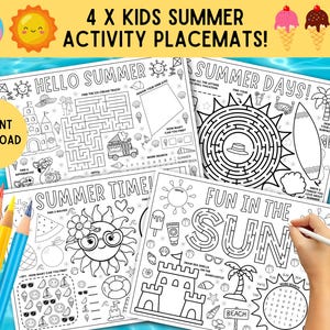 4 x Sommer-Tischsets für Kinder! DRUCKBARE Sommer Kinderaktivitätsseiten, Sommer-Tischsets, Sommeraktivitäts-Arbeitsblätter, Sommeraktivitätspaket