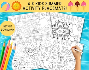 4 x bordsunderlägg för sommaraktiviteter för barn! UTSKRIVBARA sommaraktivitetssidor för barn, sommarbordsunderlägg, sommaraktivitetsblad, sommaraktivitetspaket