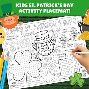 Può includere: Un sottopentola per attività per bambini sul tema del giorno di San Patrizio, stampabile in bianco e nero. Presenta un folletto, una ricerca di parole, un labirinto, un gioco di trova le differenze e un gioco di conta i trifogli. Il sottopentola è pronto per essere colorato.