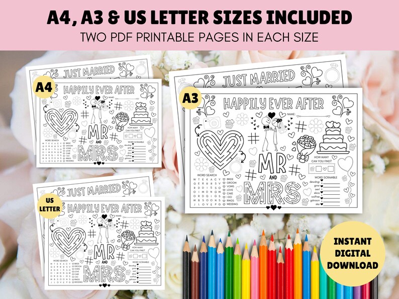 Puede incluir: P&aacute;ginas para colorear imprimibles para una celebraci&oacute;n de boda. Las p&aacute;ginas presentan un laberinto en forma de coraz&oacute;n, una b&uacute;squeda de palabras, una palabra revuelta y un dise&ntilde;o de 'Just Married' con las palabras 'Happily Ever After'. Las p&aacute;ginas est&aacute;n disponibles en tama&ntilde;os A4, A3 y US Letter.