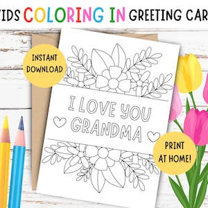Biglietto da colorare per la festa della mamma per bambini - Biglietto da stampare per la festa della mamma per bambini - Biglietto di auguri fai da te per la festa della mamma per bambini - Ti amo nonna