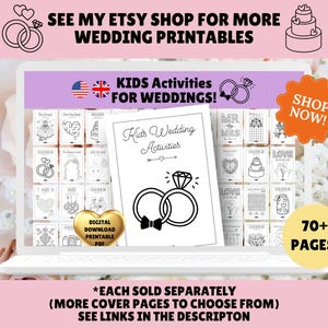 Puede incluir: Una descarga digital de actividades imprimibles para ni&ntilde;os para bodas. La imagen muestra una variedad de ilustraciones en blanco y negro, incluyendo un vestido de novia, un pastel y un anillo. El texto en la imagen dice "Kids Wedding Activities" y "70+ Pages!"