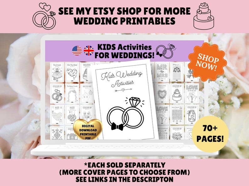 Puede incluir: Una descarga digital de actividades imprimibles para ni&ntilde;os para bodas. La imagen muestra una variedad de ilustraciones en blanco y negro, incluyendo un vestido de novia, un pastel y un anillo. El texto en la imagen dice "Kids Wedding Activities" y "70+ Pages!"