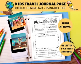 Kids Travel Journal Page - Instant DIGITAL Download - Printable PDF - Children's Travel Diary - Travel Journal - Kids Vacation