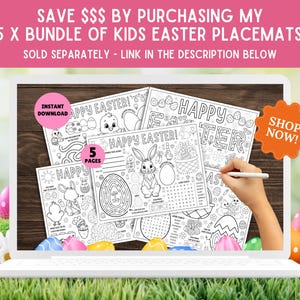 May include: A digital image on a laptop screen shows five black and white printable Easter placemats. Each placemat features a different Easter-themed design, including bunnies, chicks, eggs, and mazes. The text "Happy Easter!" appears on each placemat. The text "5 Pages" is also visible on the screen. A hand is holding a stylus over the screen. The text "Shop Now!" is in a bright orange circle.