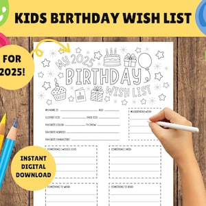 Wunschliste Kindergeburtstag für 2025 - Wunschliste zum Ausmalen für Kinder - DRUCKBARE PDF Datei - Geschenkliste zum Kindergeburtstag - Geschenkideen zum Geburtstag