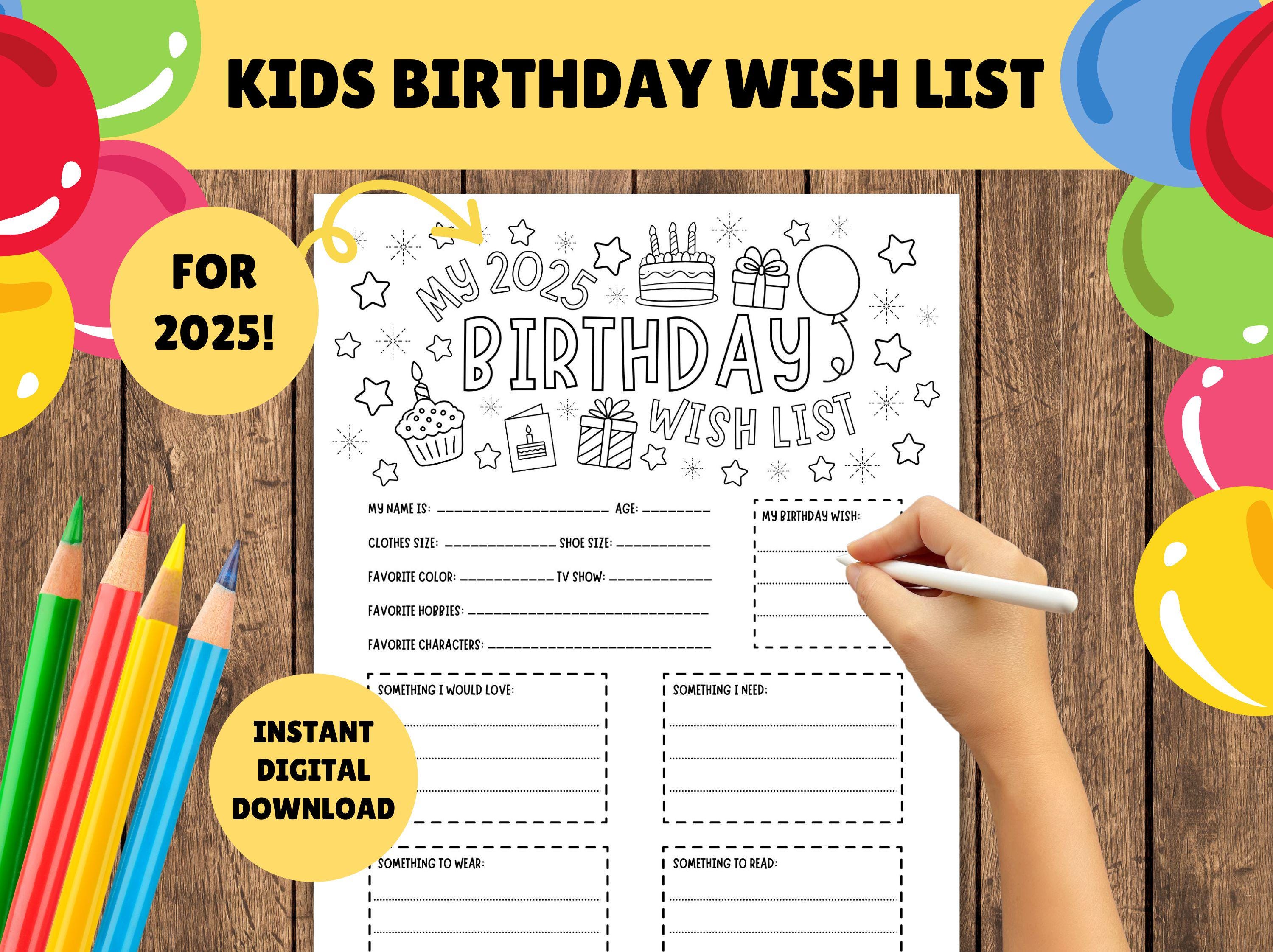 Kids Birthday Wish List for 2025 - Colouring Birthday Wish List for