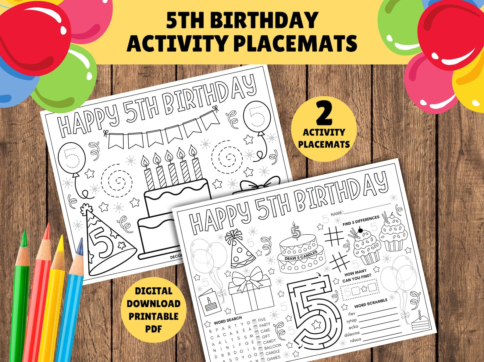 5th Birthday Activity Placemats - Printable Kids Birthday Placemat ...