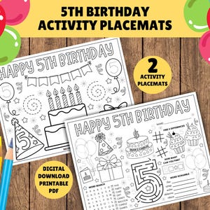 5th Birthday Activity Placemats - Printable Kids Birthday Placemat - Children's 5th Birthday - Coloring in - 5th Birthday Party Pages