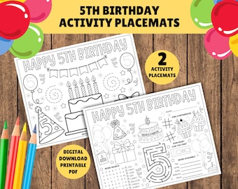5th Birthday Activity Placemats - Printable Kids Birthday Placemat - Children's 5th Birthday - Coloring in - 5th Birthday Party Pages