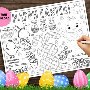 May include: A black and white printable Easter activity sheet with a bunny maze, a chick and bunny dot-to-dot, and an egg hunt. The sheet says "Happy Easter!" at the top.