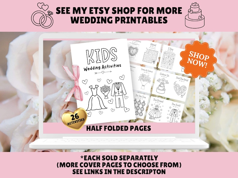 Puede incluir: Una imagen digital de un libro de actividades imprimible para ni&ntilde;os. La portada presenta una ilustraci&oacute;n en blanco y negro de una novia y un novio con el texto "Kids Wedding Activities". El libro incluye 26 actividades y est&aacute; doblado por la mitad. El texto "Shop Now!" est&aacute; en un c&iacute;rculo naranja brillante.
