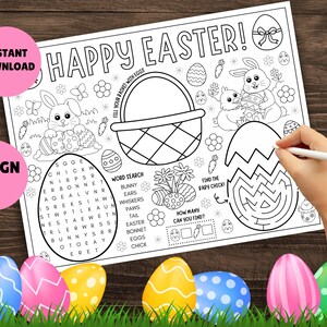 May include: Black and white printable Easter activity sheet with a word search, maze, and counting activity. The sheet features a bunny, basket, and eggs. The text "Happy Easter!" is at the top of the sheet.