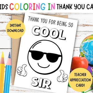 Lehrer Wertschätzung Malkarte für Kinder! DRUCKBARE Kinder Malkarte für Lehrer, danke, dass Sie so cool Sir, danke Hinweis