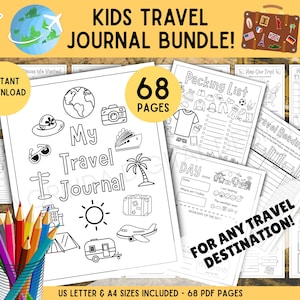 Pacote de diário de viagem para crianças - Diário de viagem para crianças, planejador de férias - DOWNLOAD DIGITAL - PDF para impressão - Tamanhos Carta EUA e A4