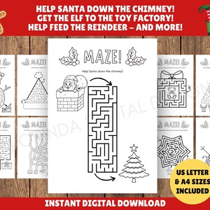 May include: A collection of black and white Christmas-themed mazes. The mazes feature Santa, elves, reindeer, and other holiday elements. Text includes "Help Santa down the chimney!" and "US Letter & A4 Sizes Included."
